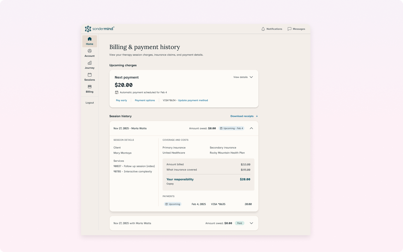 Client billing page showing processed claim with full charge breakdown